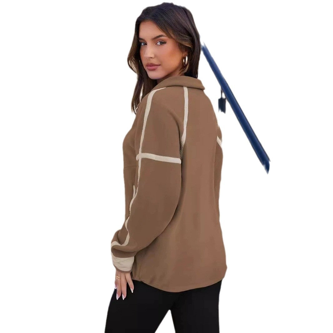 Stand-up Collar Casual Color-block Women's Zip-up Long-sleeve