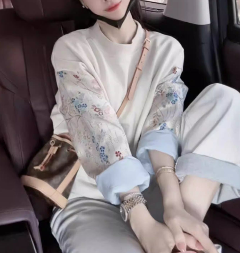 New Chinese-style Color-block Embroidered Crewneck Long-sleeve Hoodie